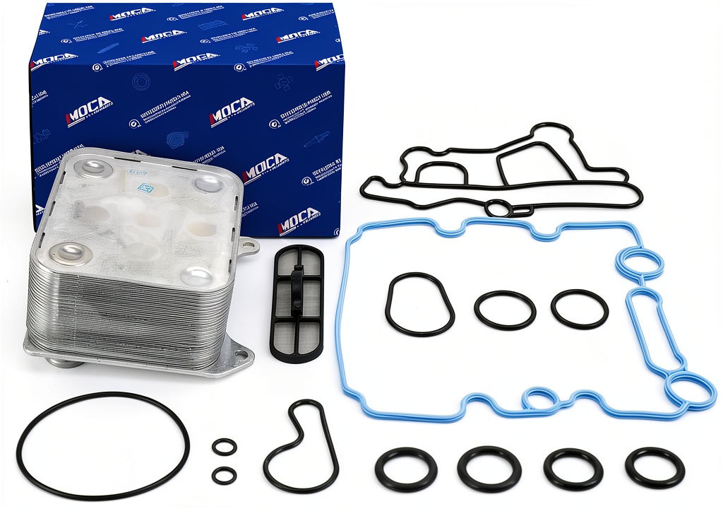Engine oil cooler installed in a truck under the hood