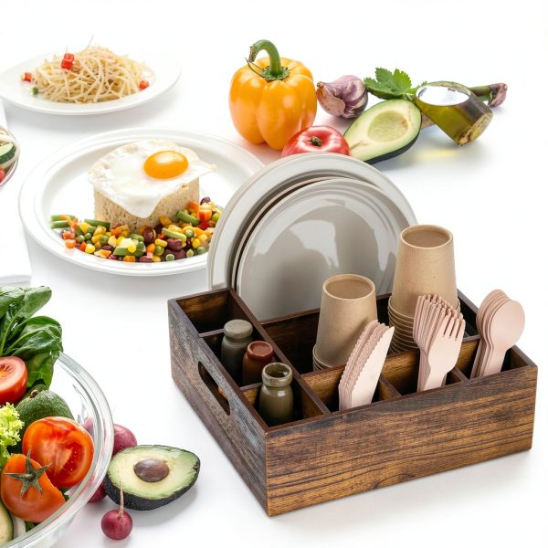Acacia Wood Utensil Holder COMNICO 6‑Compartment Counter Organizer-1