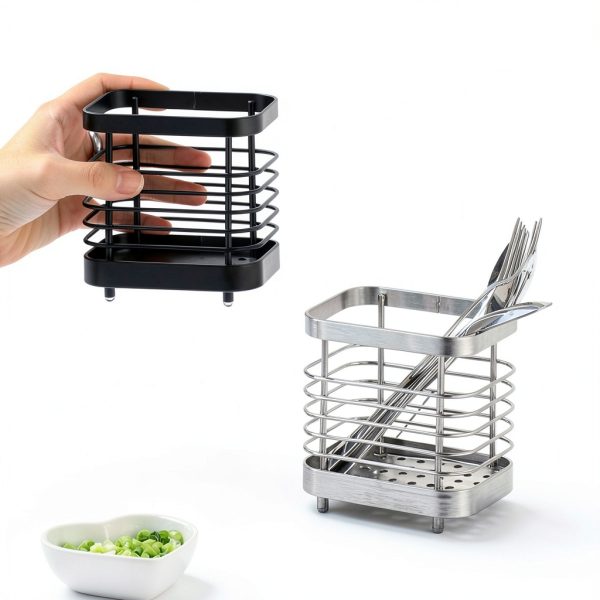 2 PCS Utensil Holder Stainless Steel Drying Rack Kitchen Counter Cutlery Silverware Flatware Drainer Caddy Forks, Knives, Spoons, Chopsticks Organizer (Black, Silver)-3