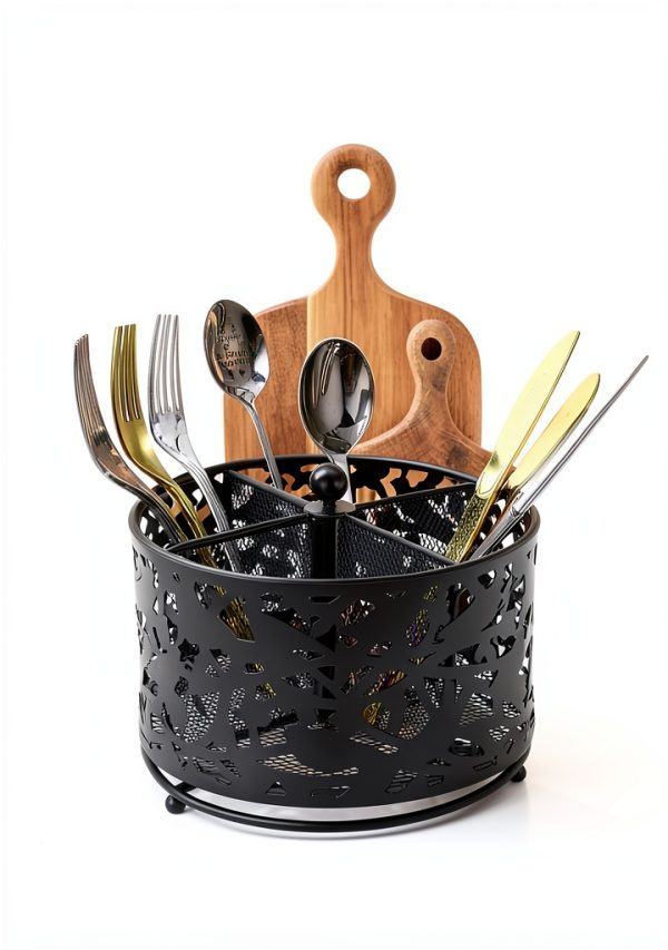 360° Black Rotating Utensil Caddy HOFURME 4‑Compartment Organizer-2