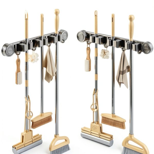 Broom Holder Wall Mount GHYFFF Suction Cup Organizer 2 Slots 3 Hooks-3