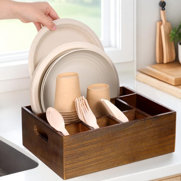 Acacia Wood Utensil Holder COMNICO 6‑Compartment Counter Organizer-6